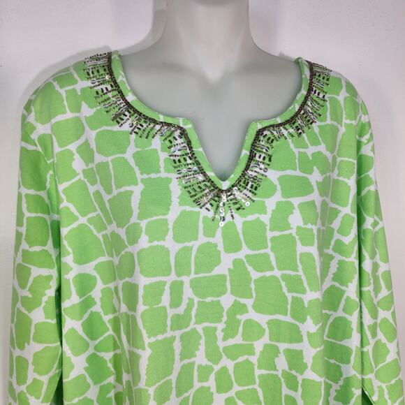 Quacker Factory Women Tunic Top XL Green Giraffe Print Sparkle 3/4 Sleeve Sequin - Picture 3 of 10